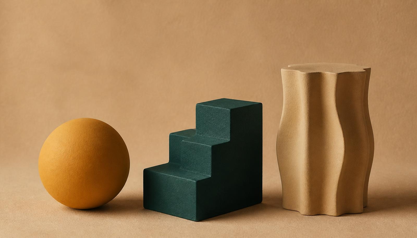 Kolme savenväristä geometrista muotoa rivissä